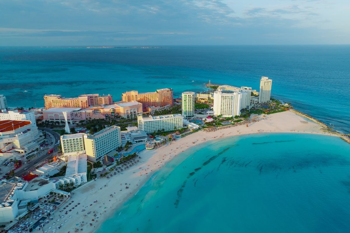 Aerial view of Cancun Hotel Zone and Caribbean coastline
