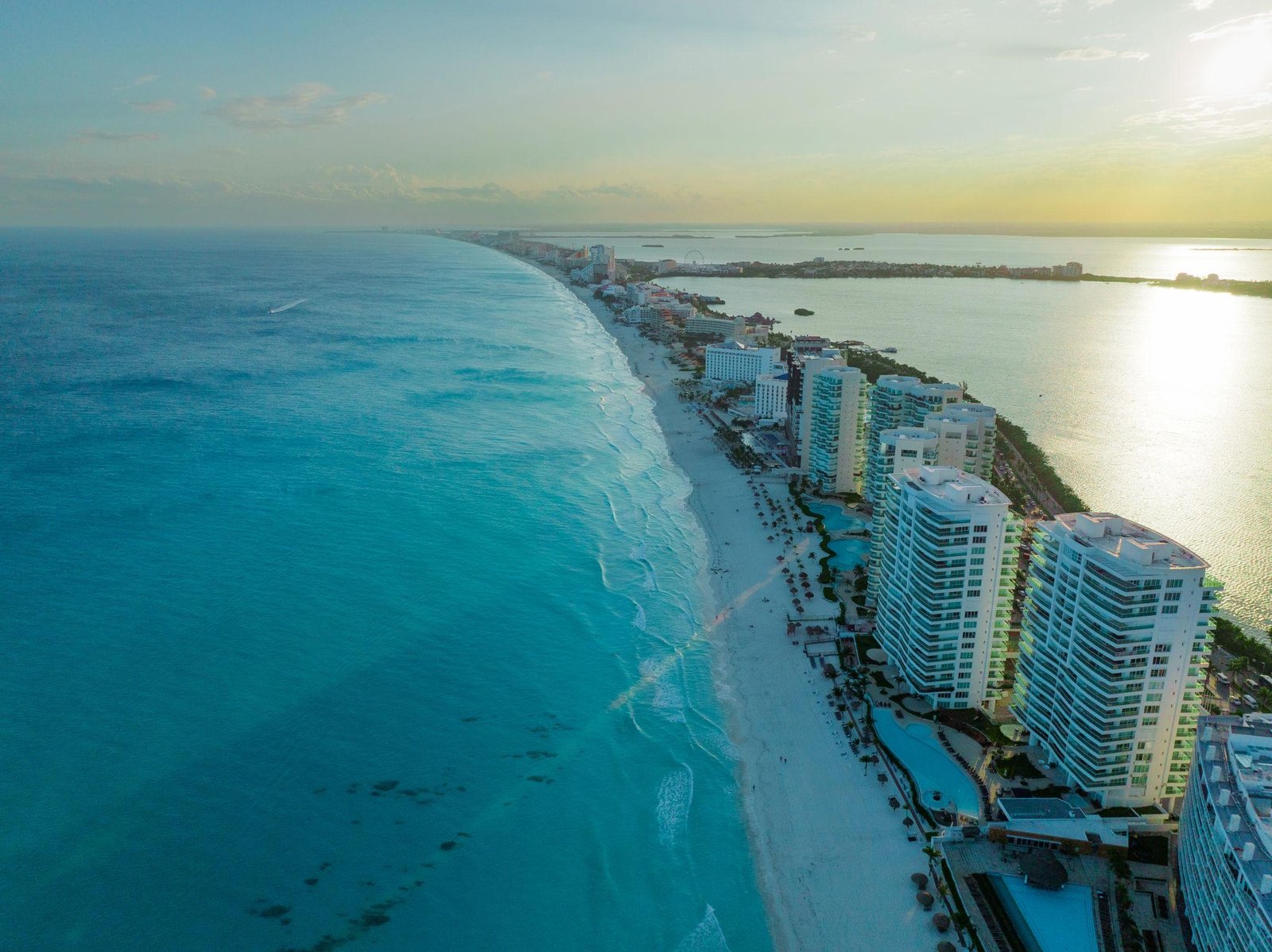 Aerial view of Cancun Hotel Zone for private transfers from Cancun Airport