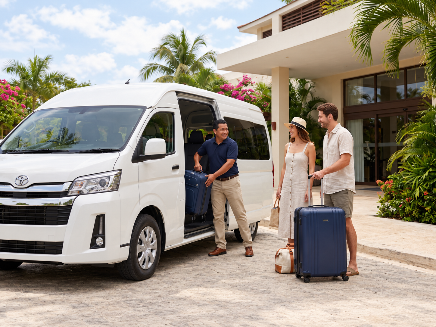 Private transfer driver assisting travelers with luggage beside a white Toyota Hiace