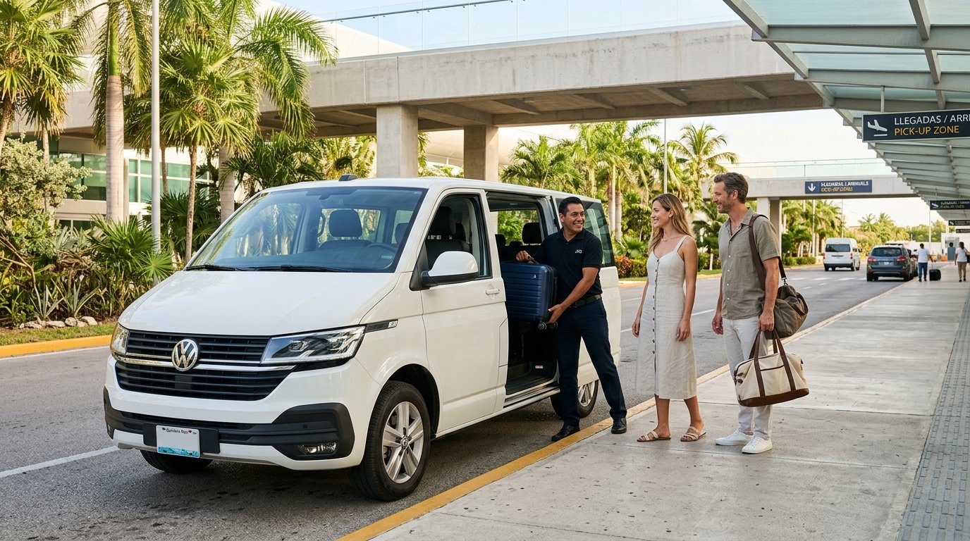 Cancun Airport private transfer van picking up travelers